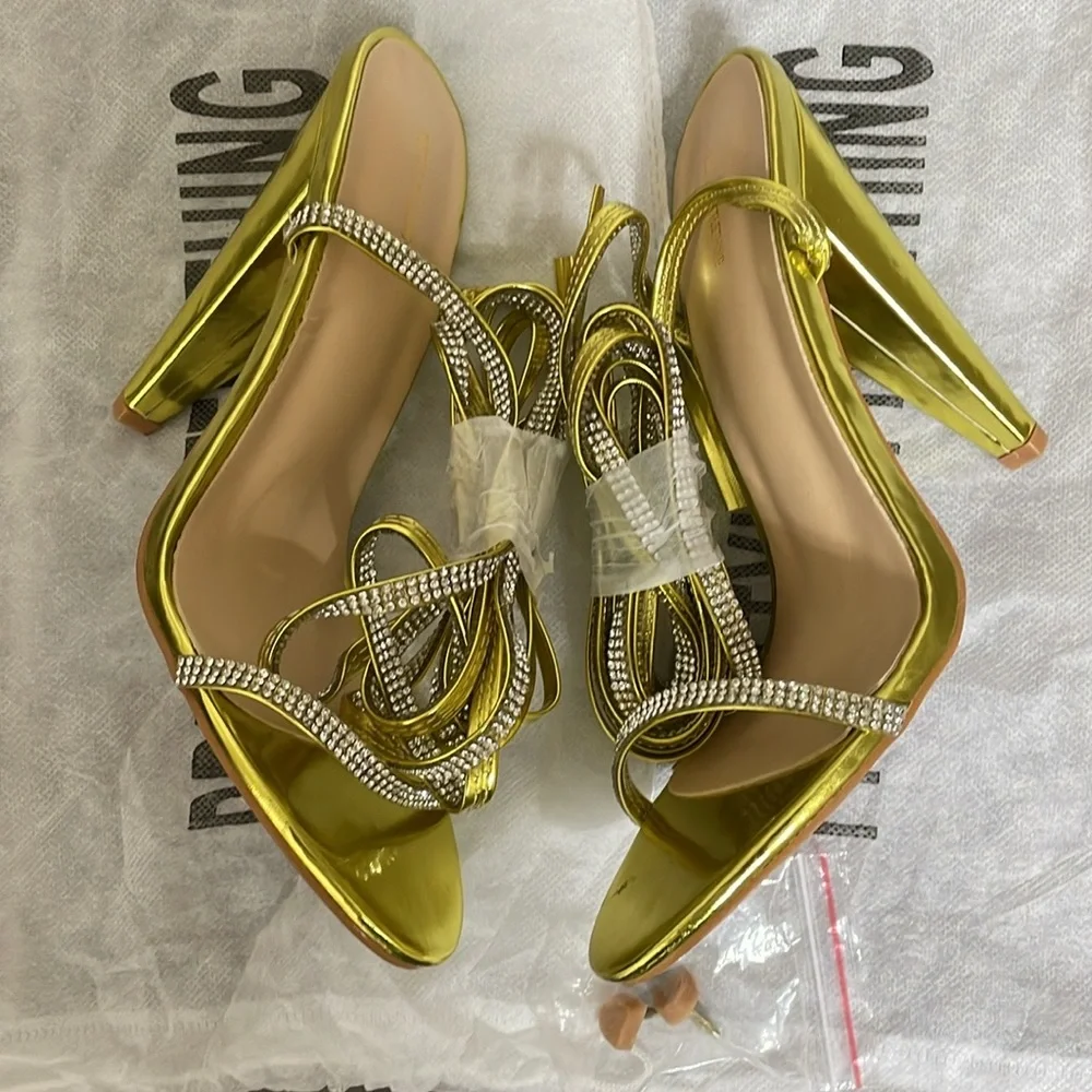 PrettyLittleThings GOLD DIAMANTE LACE UP CONE‎ HEELS size 5